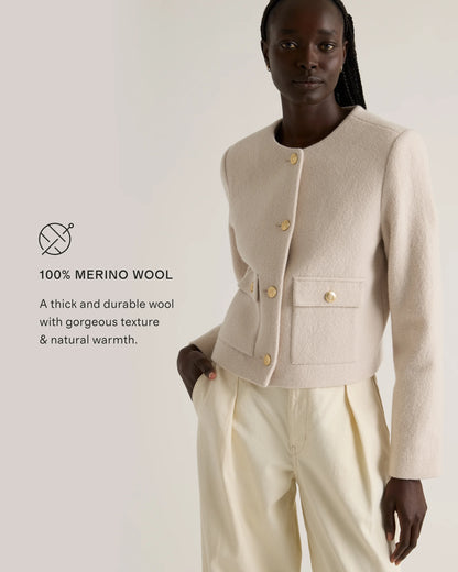 100% Merino Wool Collarless Cropped Jacket - XS / Heather Bone