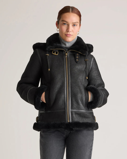 100% Shearling Cold Weather Bomber Jacket - XS / Black