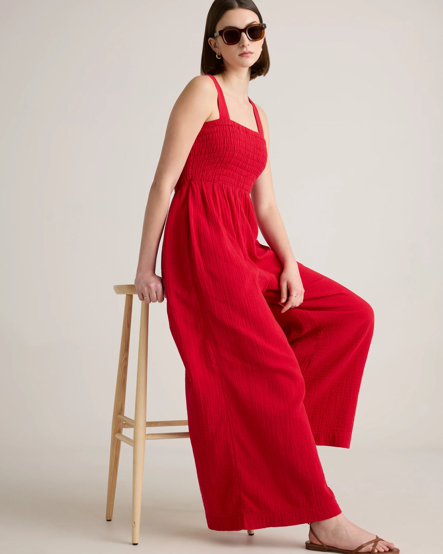 100% Organic Cotton Gauze Smocked Wide Leg Jumpsuit - XS / Wild Cherry