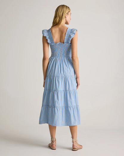 100% Organic Cotton Poplin Smocked Midi Dress - XS / Riviera Blue Heirloom Floral