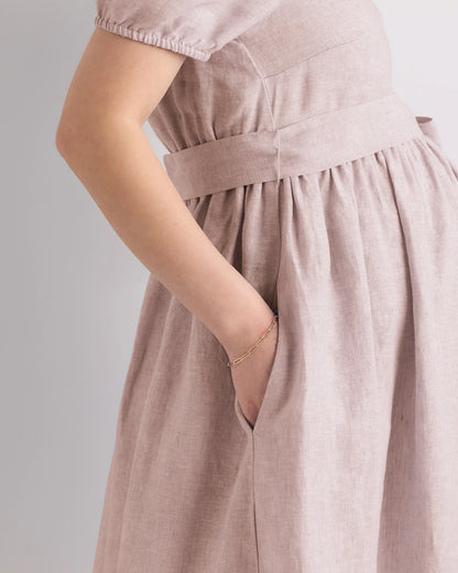 100% European Linen Maternity Short Sleeve Midi Dress - XS / Ivory Porcelain Blue Petite Floral