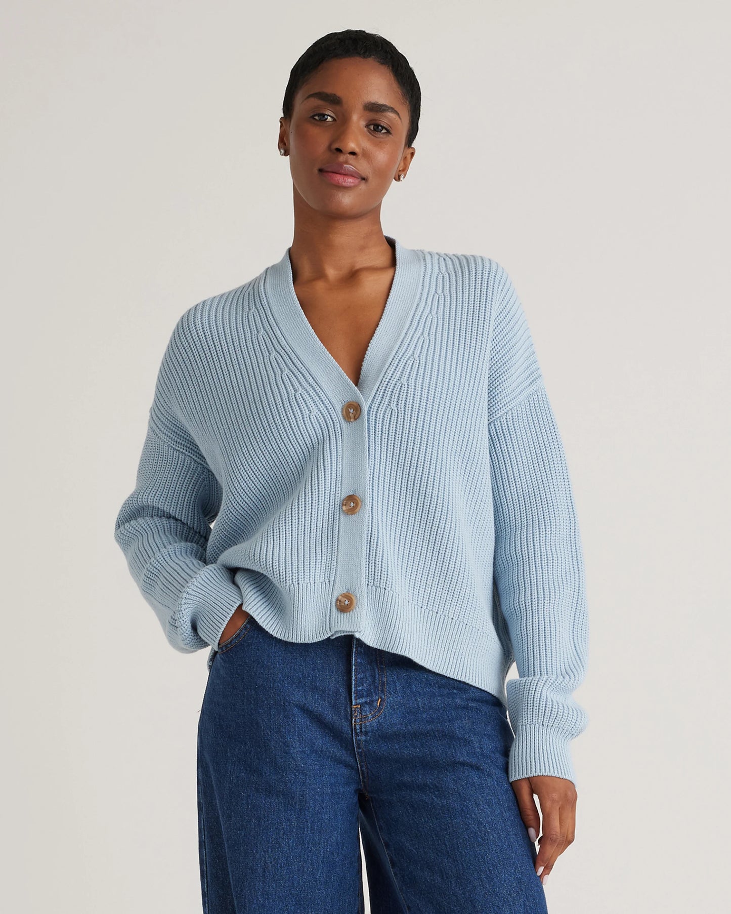 100% Organic Cotton Fisherman Boxy Cropped Cardigan - XS / Sapphire Blue