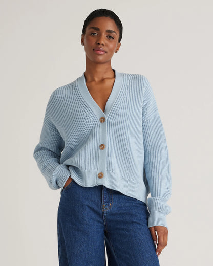 100% Organic Cotton Fisherman Boxy Cropped Cardigan - XS / Sapphire Blue
