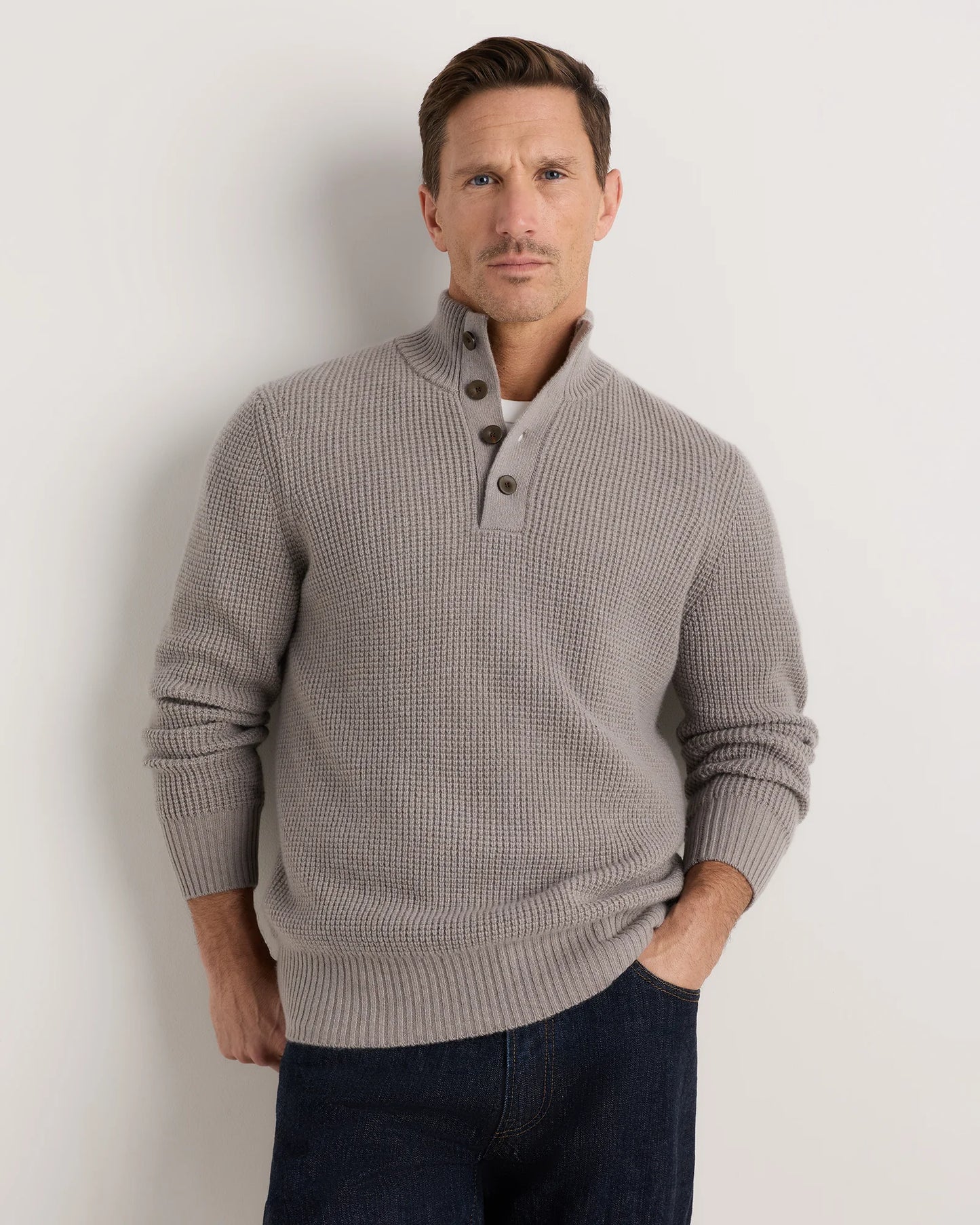 Mongolian Cashmere Waffle Quarter Button Sweater - S / Elk Brown