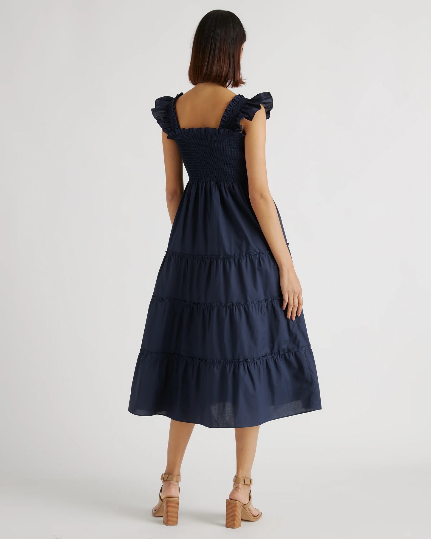 100% Organic Cotton Poplin Smocked Midi Dress - XS / Riviera Blue Heirloom Floral