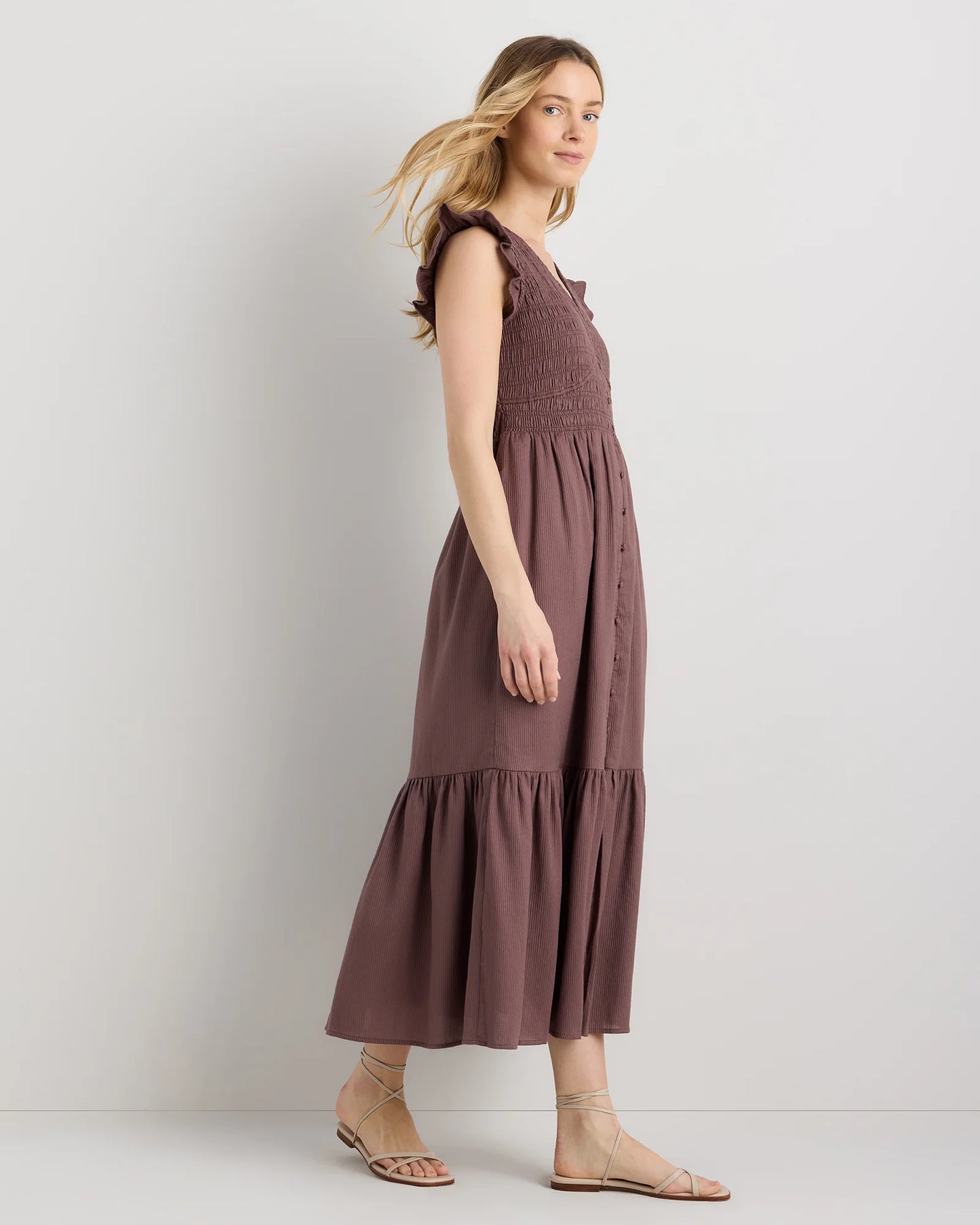 Organic Textured Cotton Smocked V-Neck Midi Dress - XS / Pale Custard Yellow