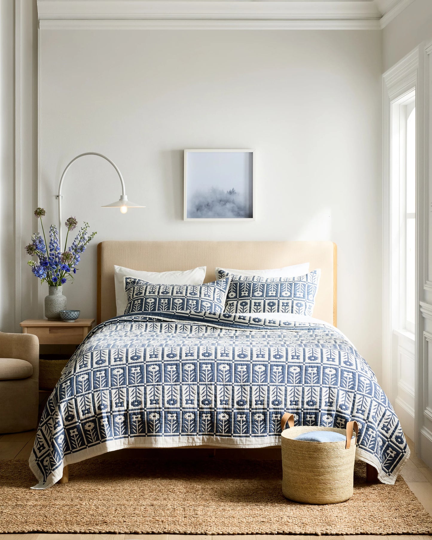 Organic Cotton Jacquard Floral Coverlet - Twin / Blue Fog