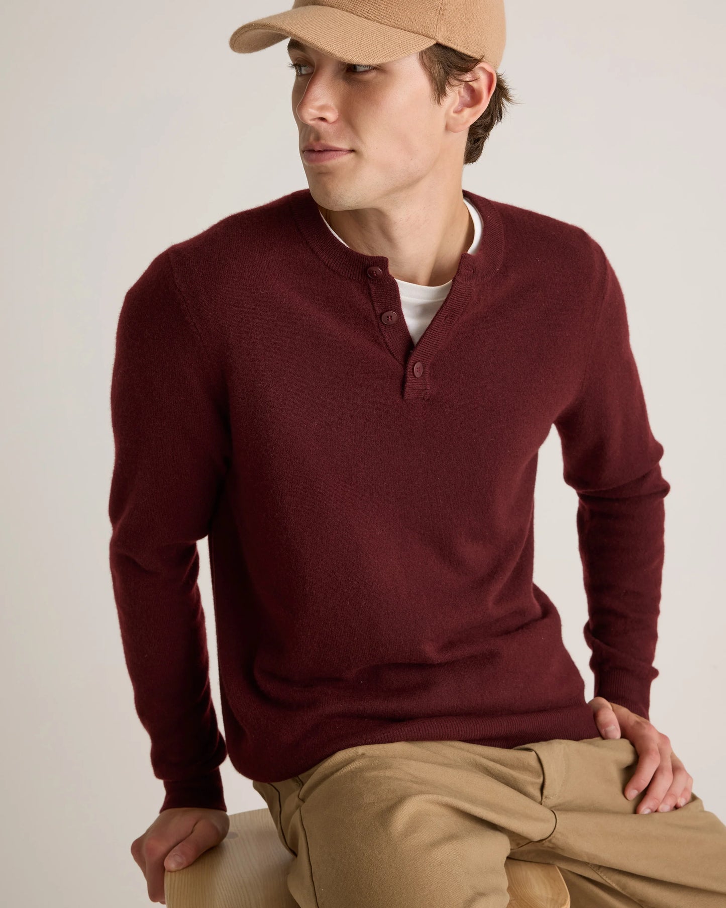 Mongolian Cashmere Henley Sweater - S / Brown