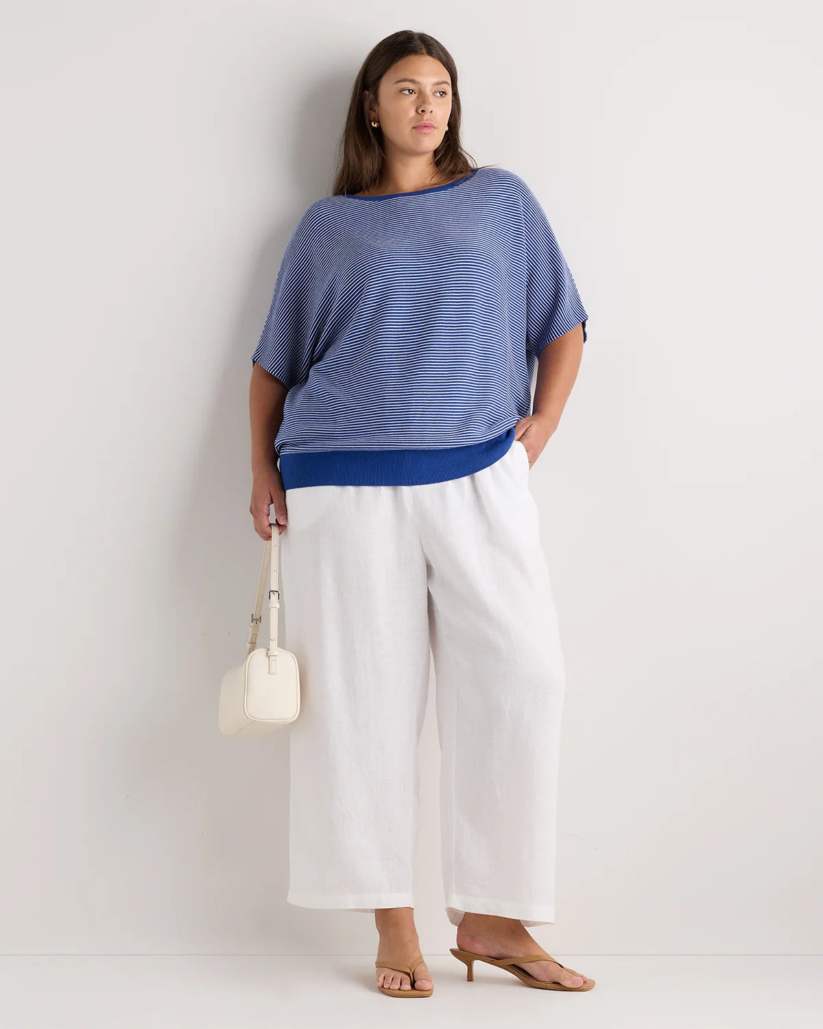 Lightweight Cotton Cashmere Link-Stitch Dolman Sweater - 1X / Orchid Blue Mini Stripe