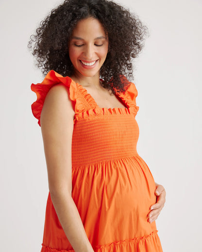 100% Organic Cotton Poplin Maternity Smocked Midi Dress - XS / Classic White