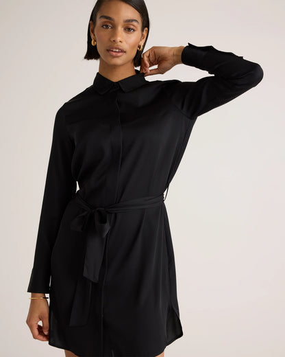 Washable Stretch Silk Shirt Dress - XS / Black