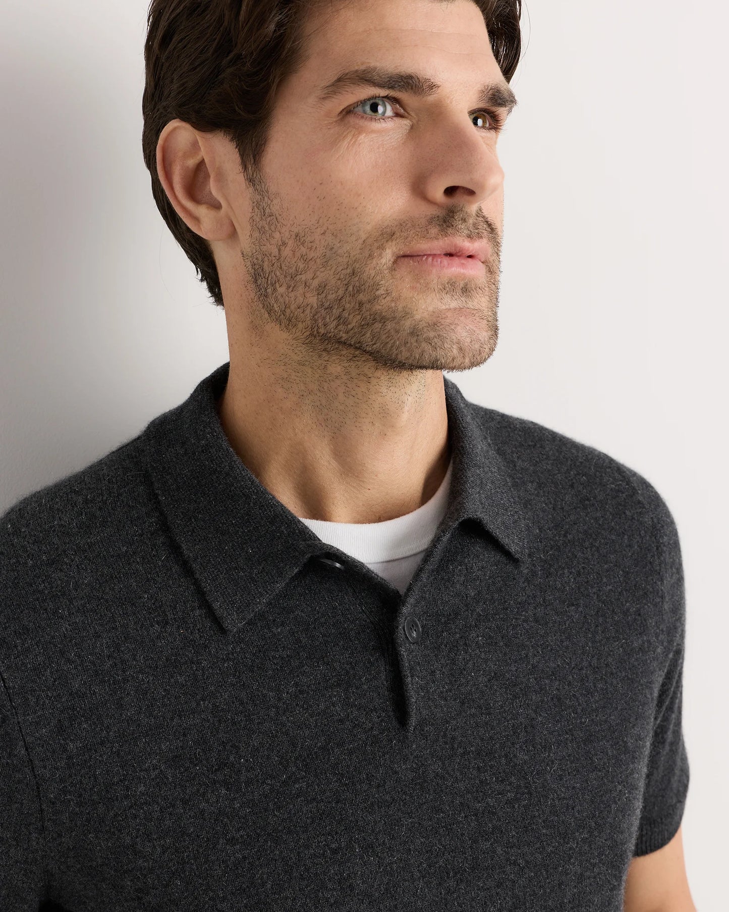 100% Mongolian Cashmere Short Sleeve Polo Sweater - S / Heather Storm Blue