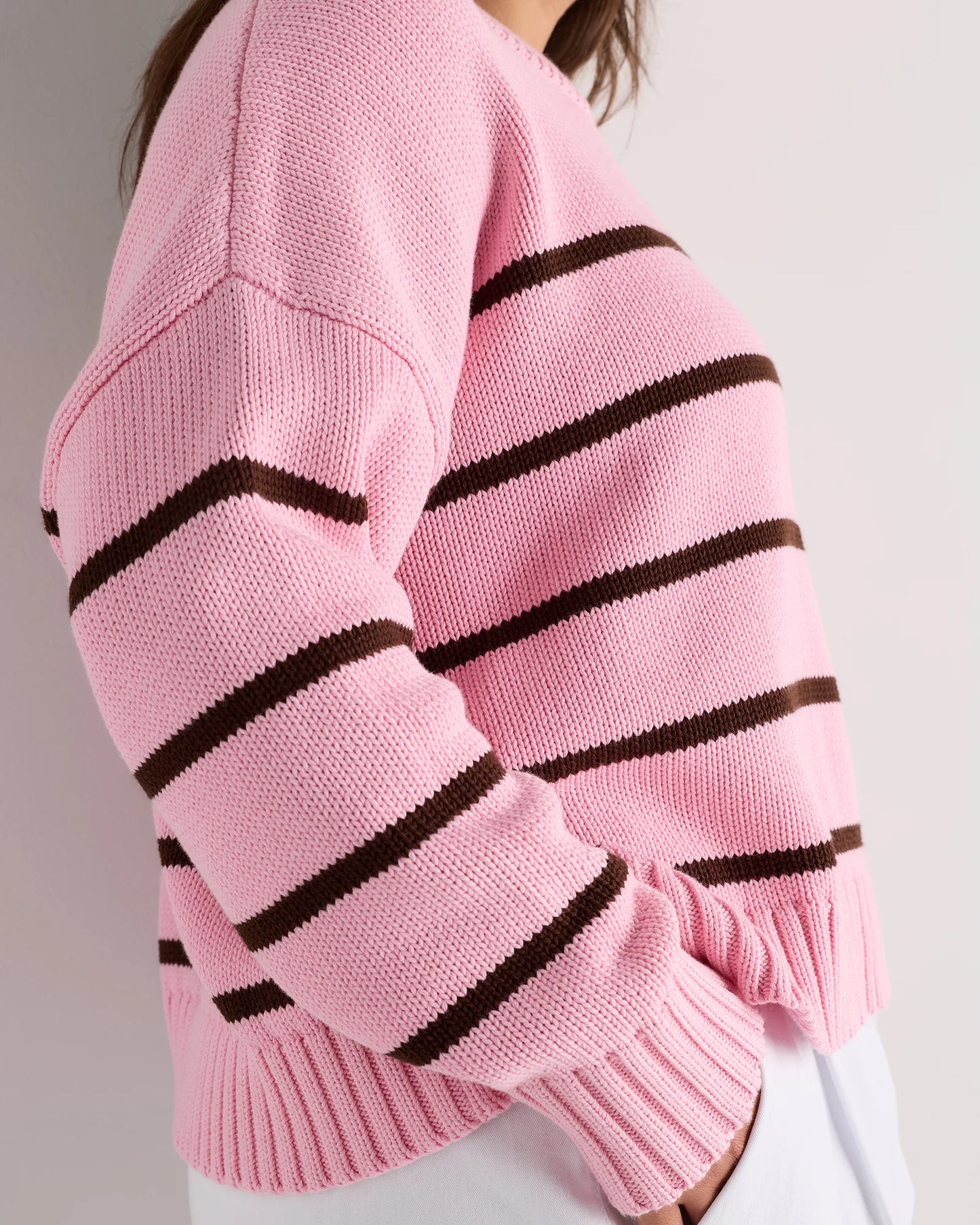 100% Organic Cotton Striped Crew Sweater - 1X / Speckled Beige/Ivory