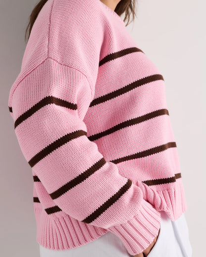 100% Organic Cotton Striped Crew Sweater - 1X / Speckled Beige/Ivory