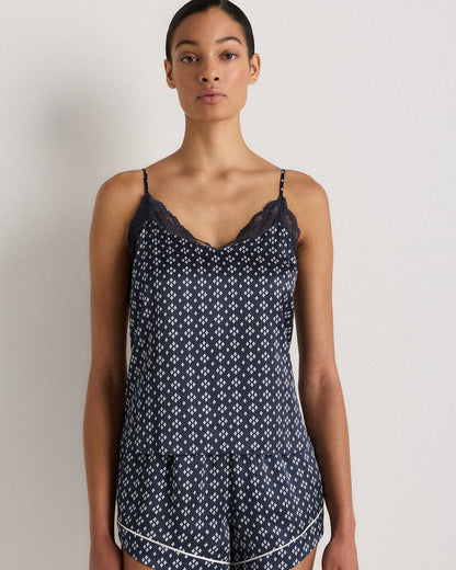 100% Washable Silk Satin Lace Cami Pajama Top - XS / Black