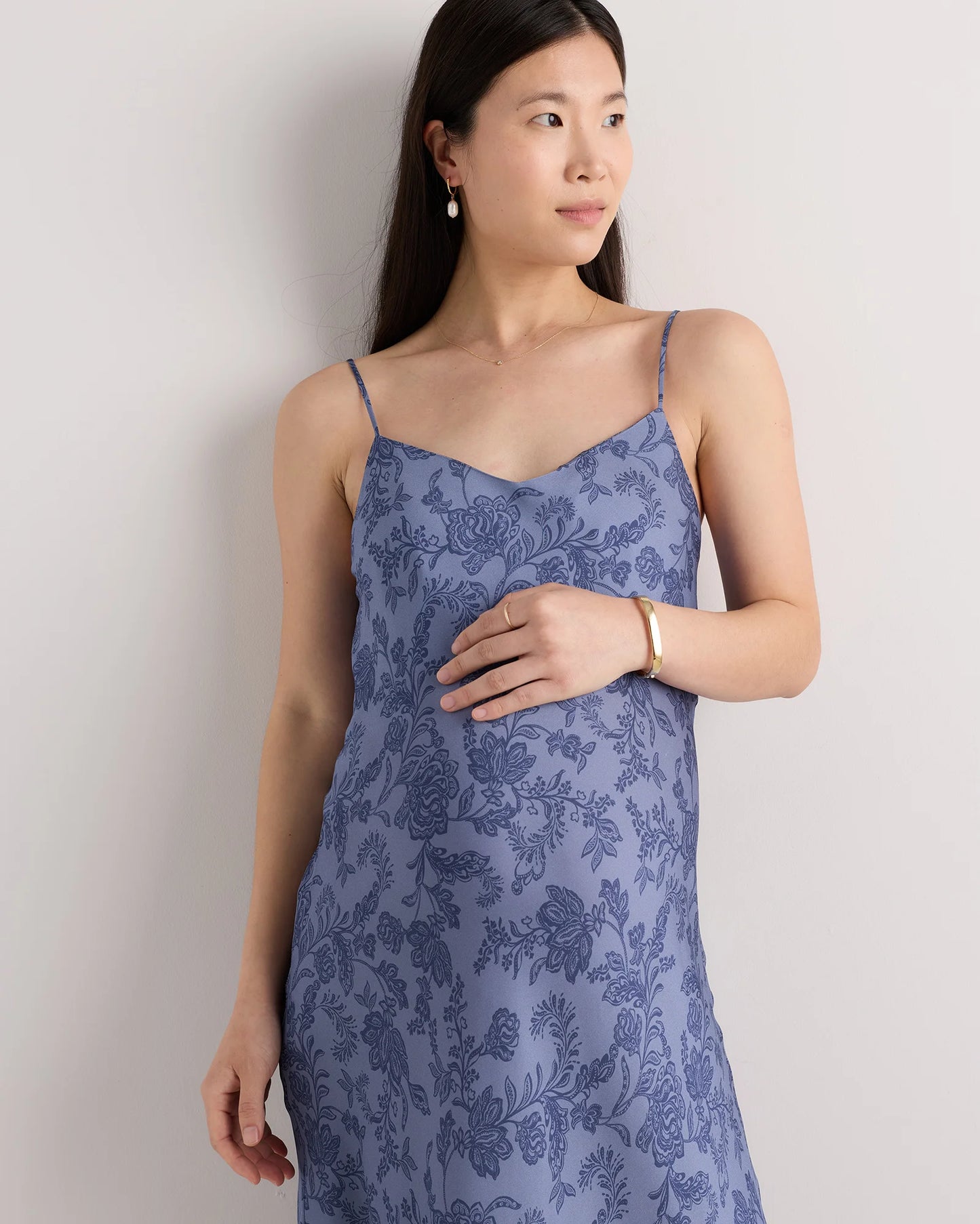 Washable Stretch Silk Maternity Slip Dress - XS / Moonstone Blue Heirloom Floral
