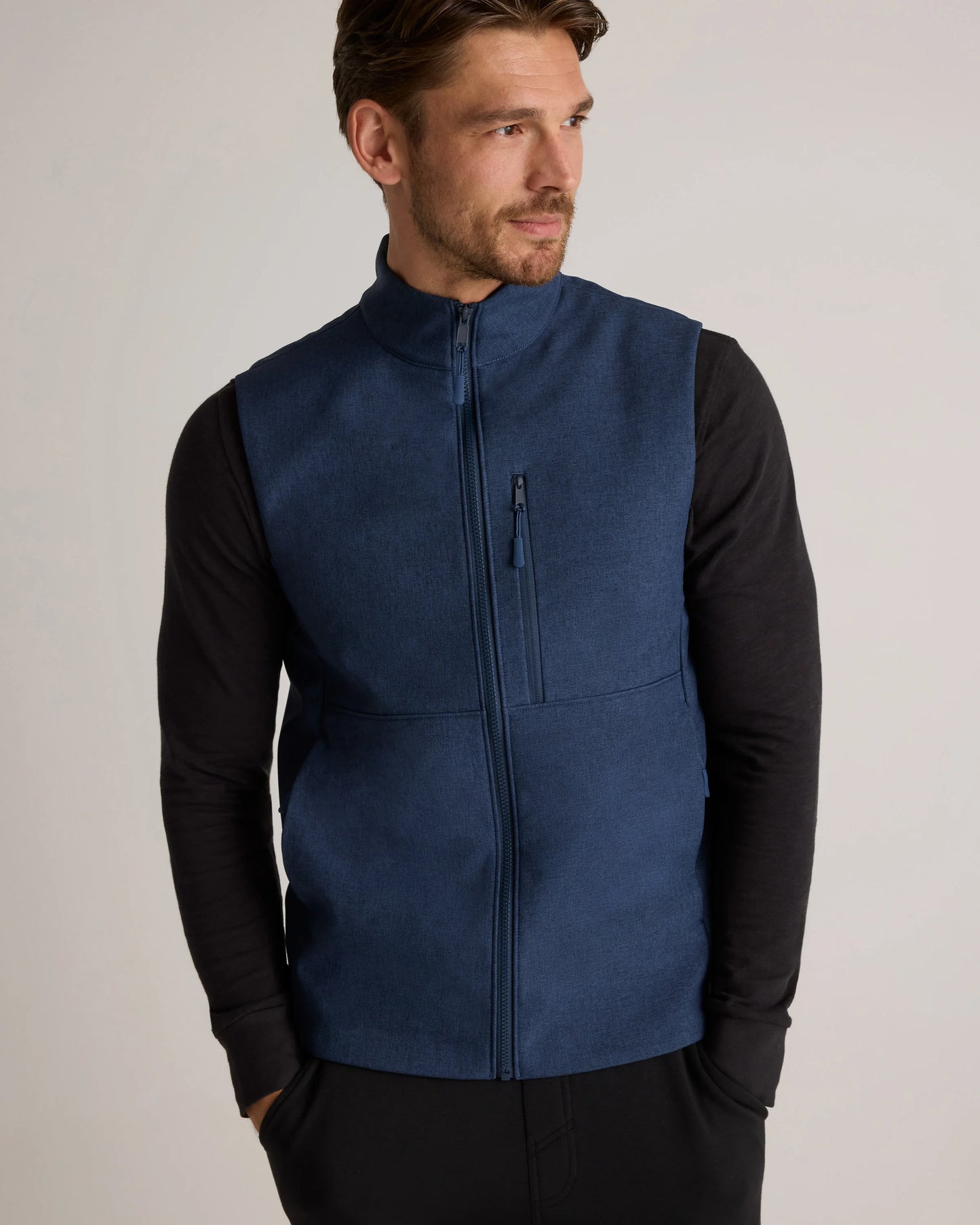 Softshell Fleece-Lined Full-Zip Vest - S / Heather Deep Navy