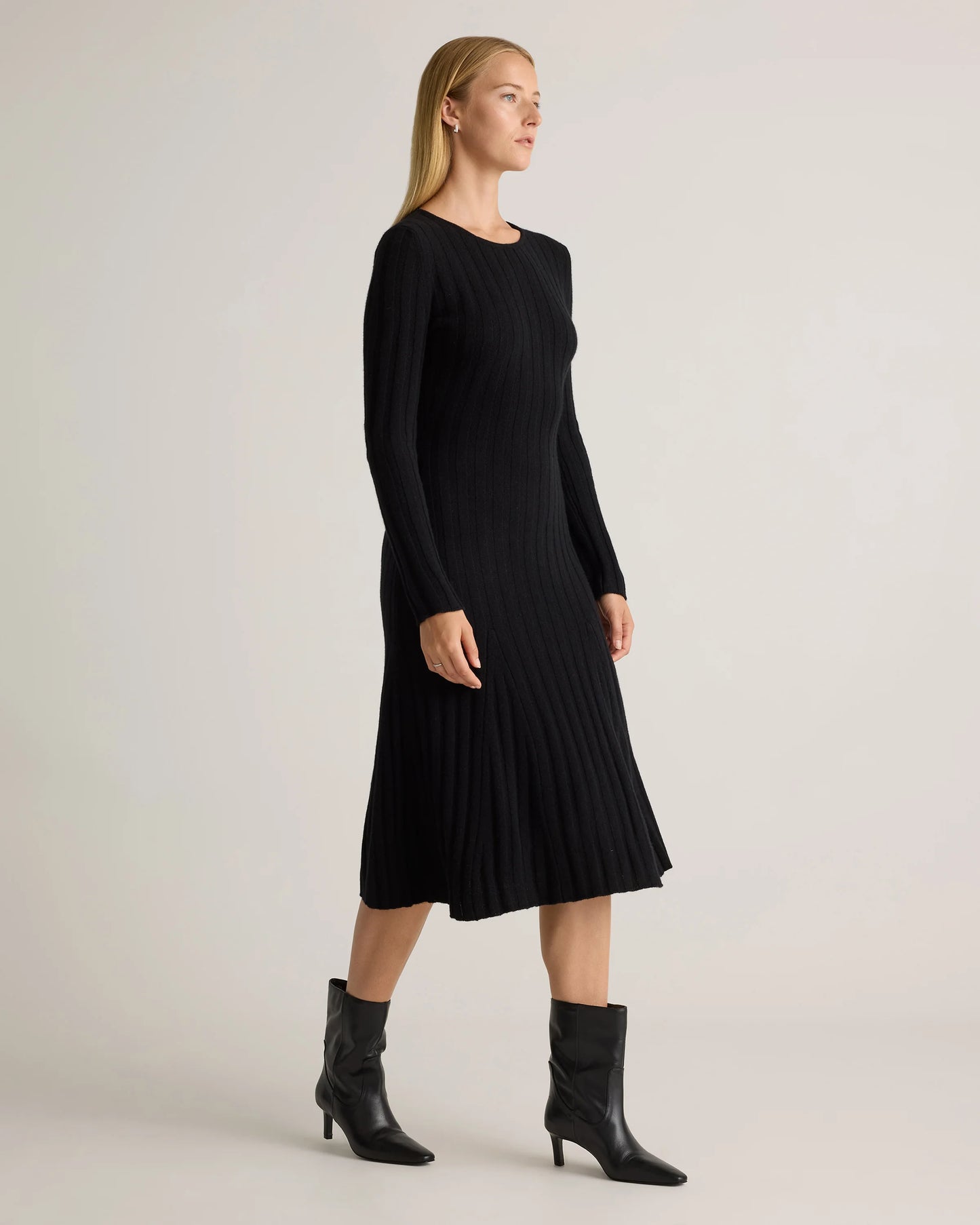 Mongolian Cashmere Wide-Rib Midi Dress - XS / Black