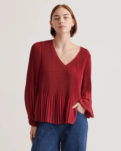Chiffon Pleated V-Neck Blouse - XS / Bright Burgundy