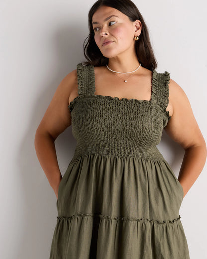 100% European Linen Smocked Midi Dress - 1X / Flax