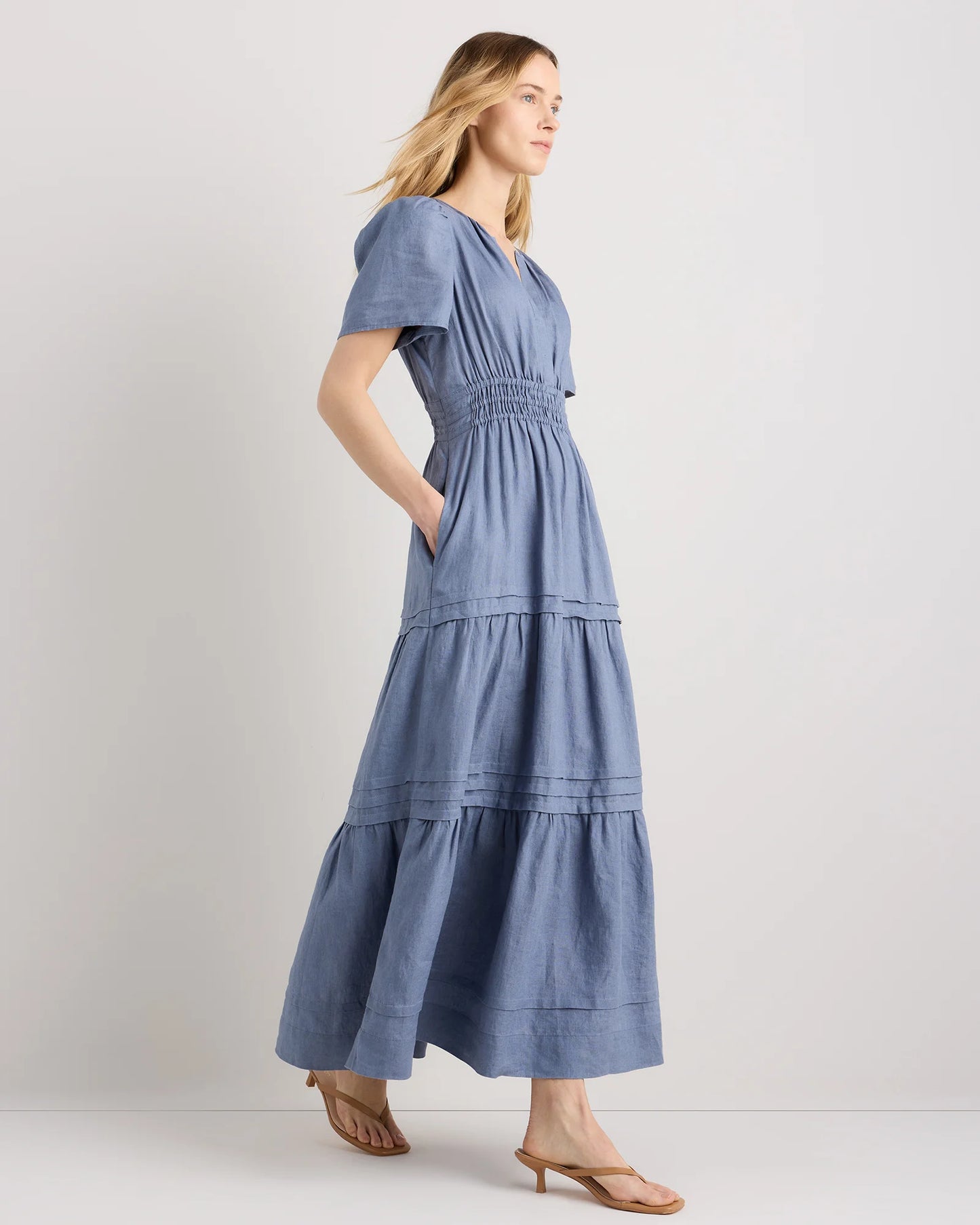 100% European Linen Tiered Maxi Dress - XS / Ivory Porcelain Blue Petite Floral