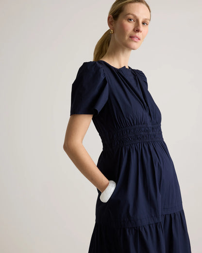 100% Organic Cotton Poplin Maternity Tiered Maxi Dress - XS / Riviera Blue Heirloom Floral