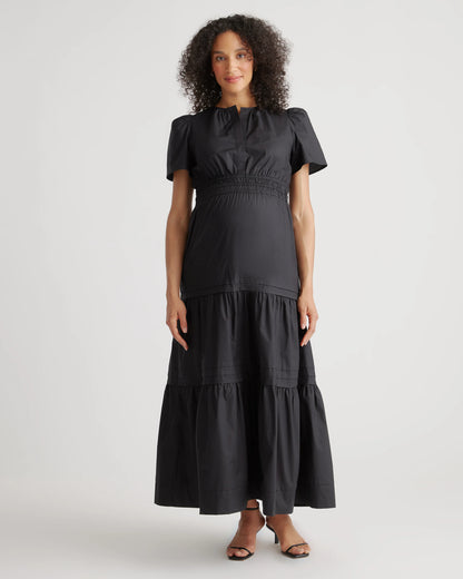 100% Organic Cotton Poplin Maternity Tiered Maxi Dress - XS / Riviera Blue Heirloom Floral