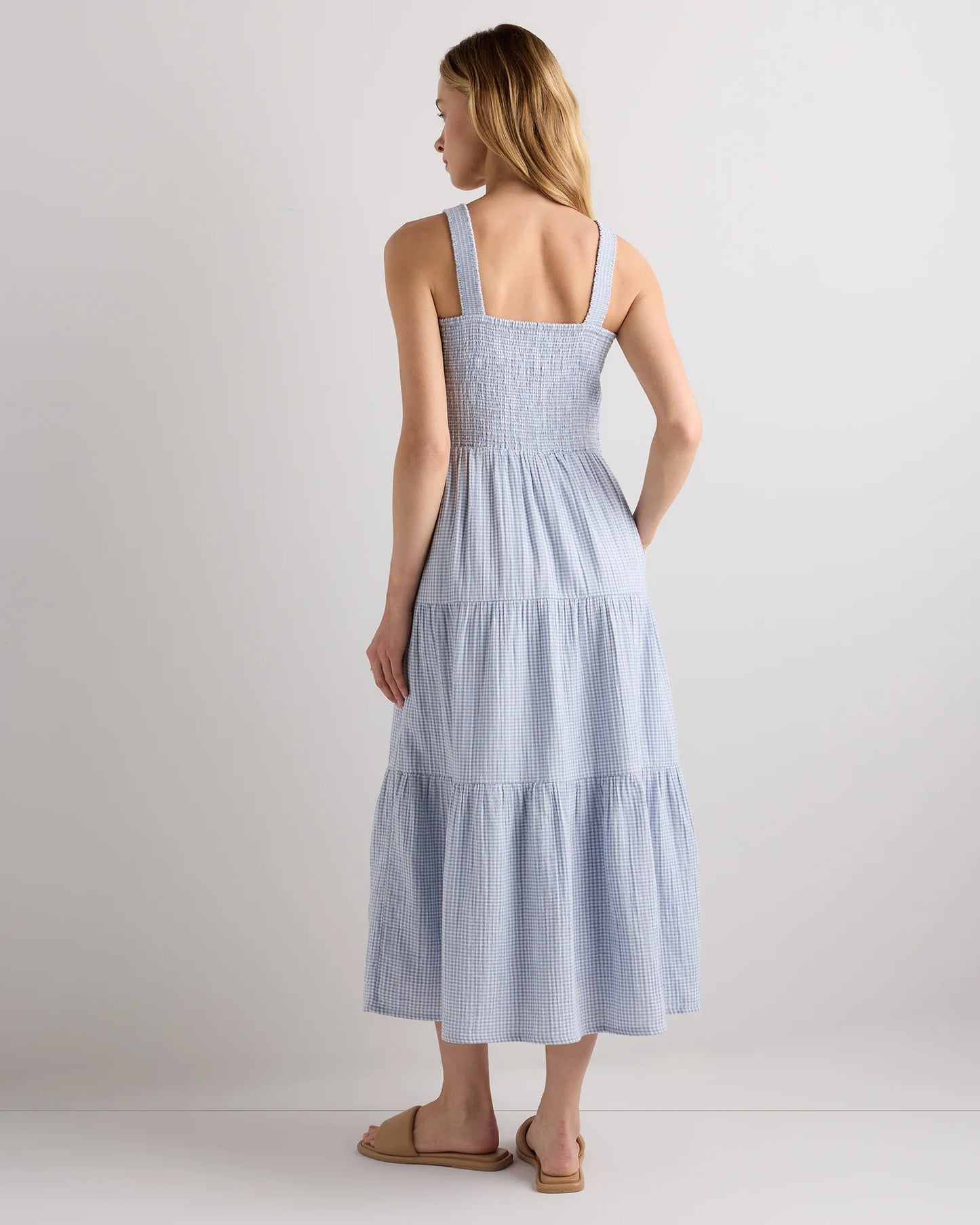100% Organic Cotton Gauze Smocked Sleeveless Maxi Dress - XS / Blue Gingham