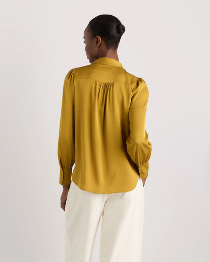 Washable Stretch Silk Split Neck Blouse - XS / Forest Green