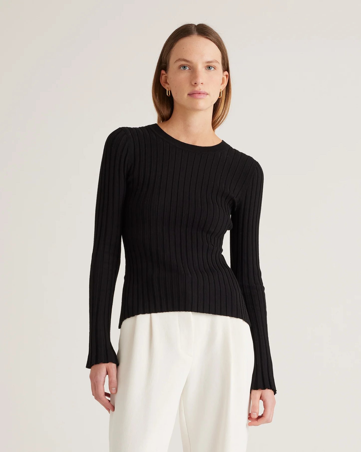 Cotton Cashmere Ribbed Long Sleeve Sweater - XS / Sugar Stone