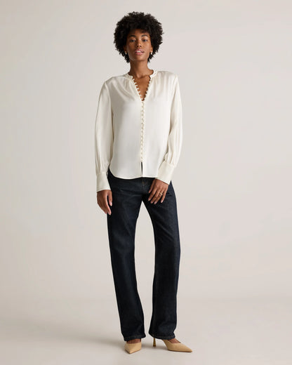 Washable Stretch Silk Peasant Blouse - XS / Ivory