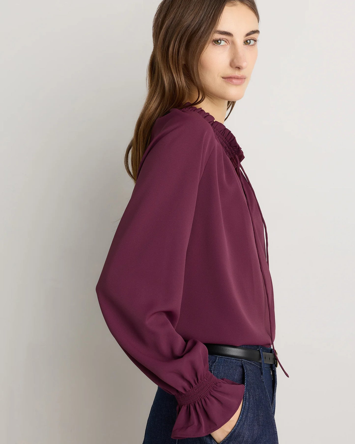 Drapey Chiffon Split Neck Long Sleeve Blouse - XS / Barolo Burgundy