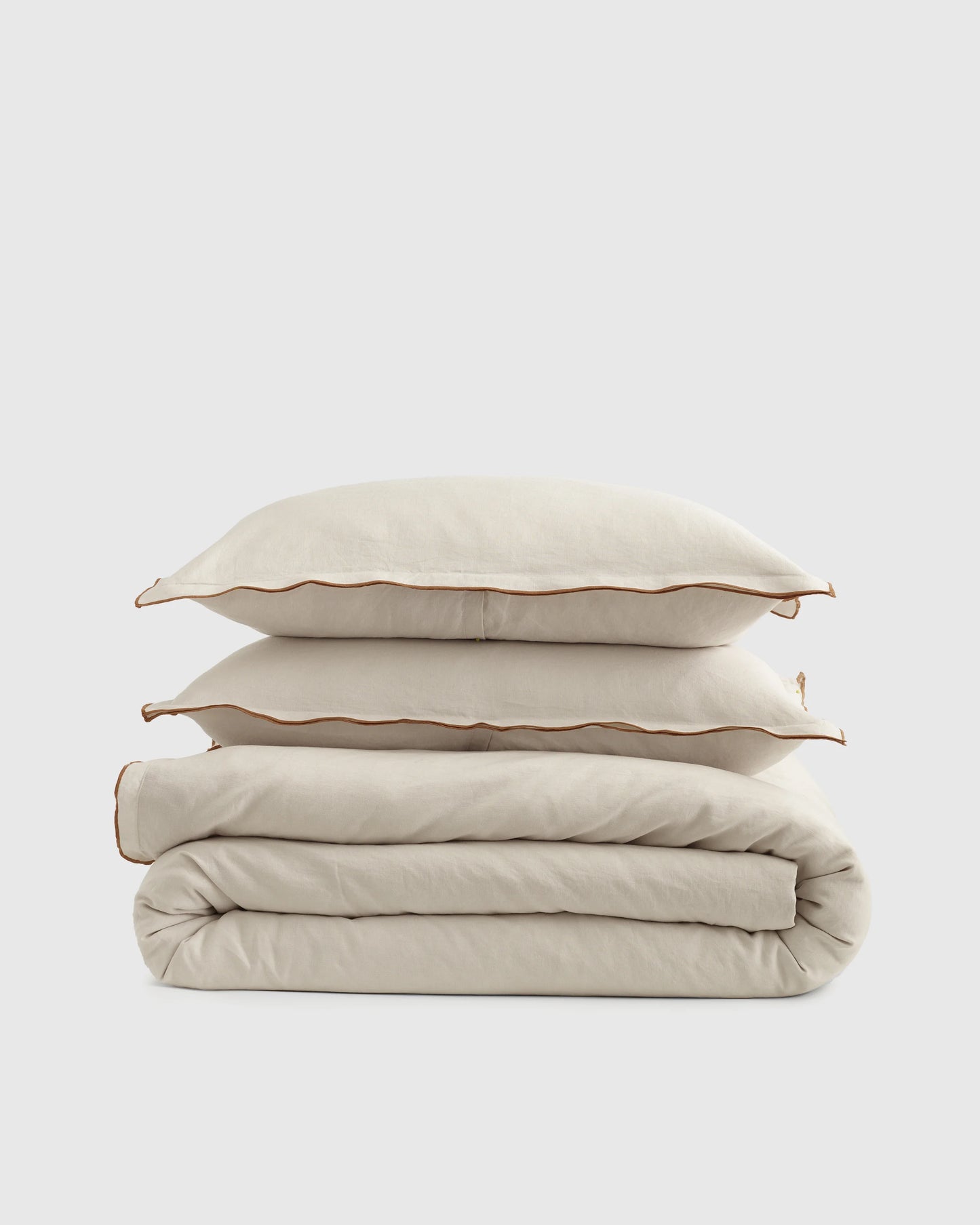European Linen Double Embroidered Edge Duvet Cover Set - Twin / Sand with Terracotta Embroidery