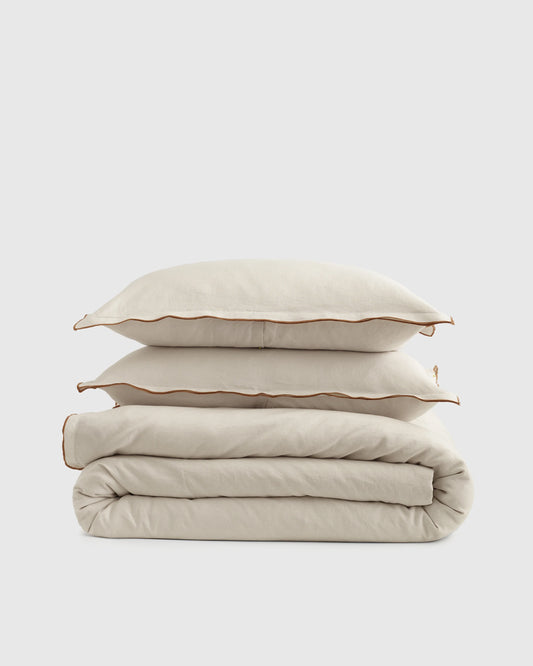 European Linen Double Embroidered Edge Duvet Cover Set - Twin / Sand with Terracotta Embroidery