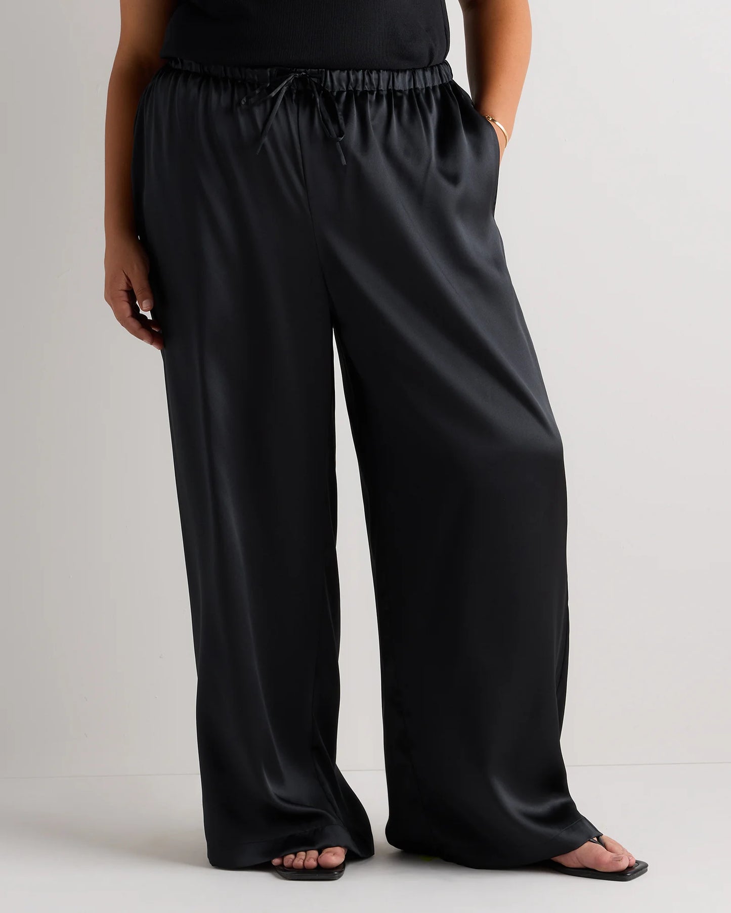 100% Washable Silk Drawstring Wide Leg Pants - 1X / Black
