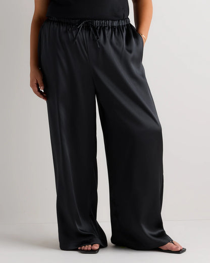 100% Washable Silk Drawstring Wide Leg Pants - 1X / Black
