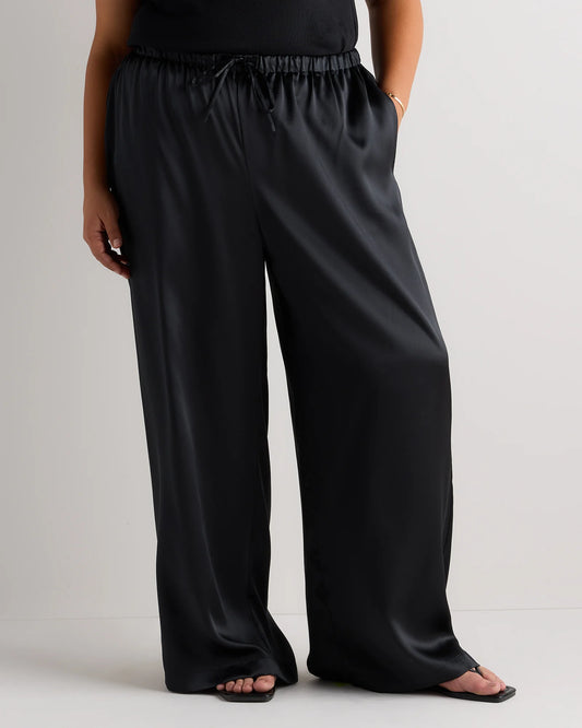 100% Washable Silk Drawstring Wide Leg Pants - 1X / Black