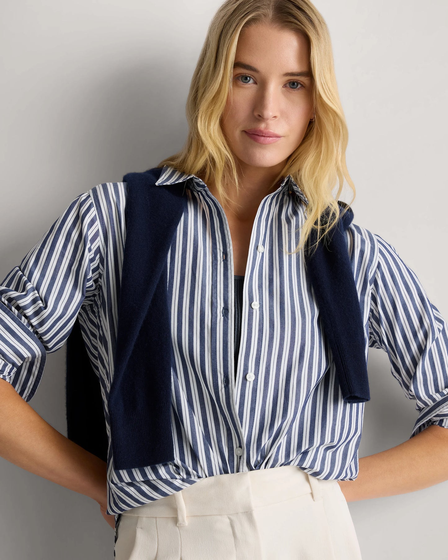 100% Organic Cotton Poplin Long Sleeve Shirt - XS / Delta Blue Double Stripe