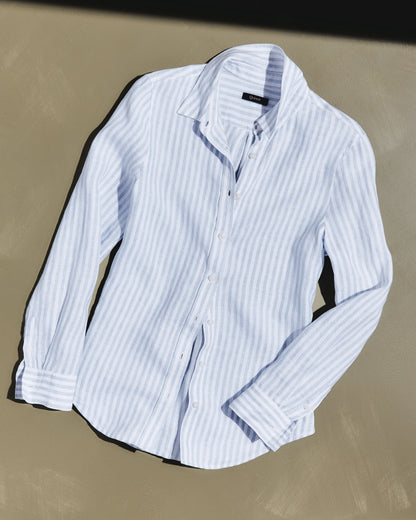 100% European Linen Long Sleeve Shirt - XS / Blue Pinstripe