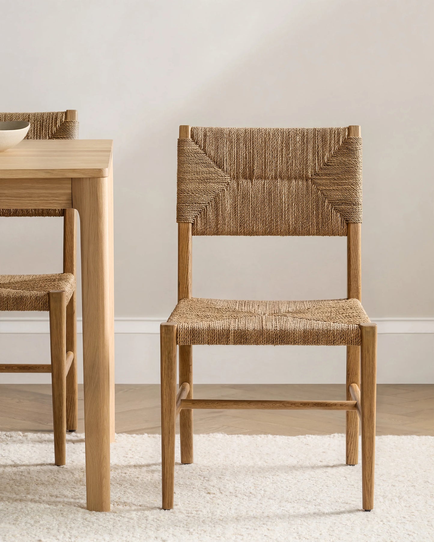 Woven Dining Chair with Solid Oak Frame (Set of 2) - Set of 2 / Golden Tan