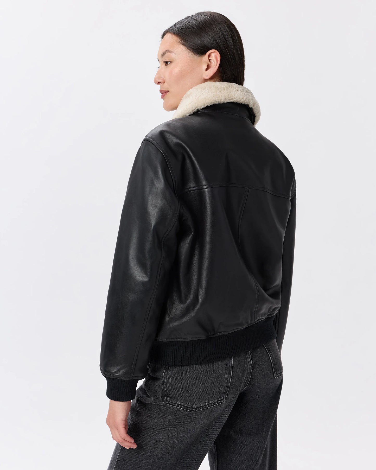 100% Leather Shearling Trim Aviator Jacket - XS / True Black