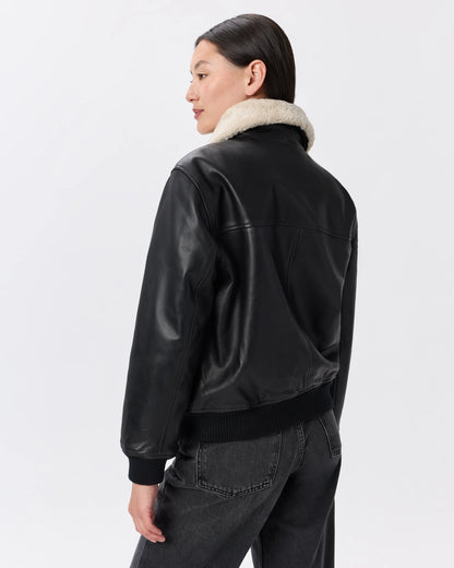 100% Leather Shearling Trim Aviator Jacket - XS / True Black