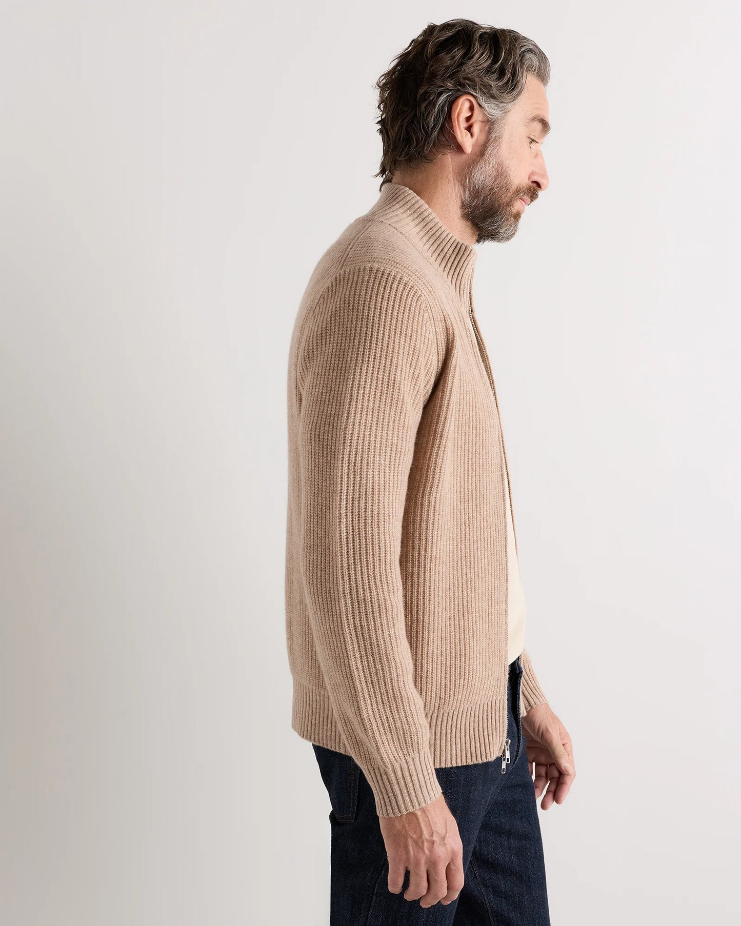 Mongolian Cashmere Fisherman Full Zip Sweater - S / Teak