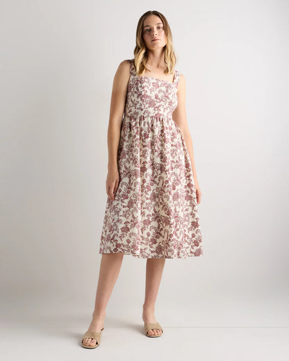100% European Linen Fit & Flare Midi Dress - XS / Brick Red Heirloom Floral