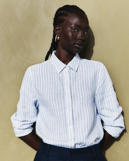 100% European Linen Long Sleeve Shirt - XS / Blue Pinstripe