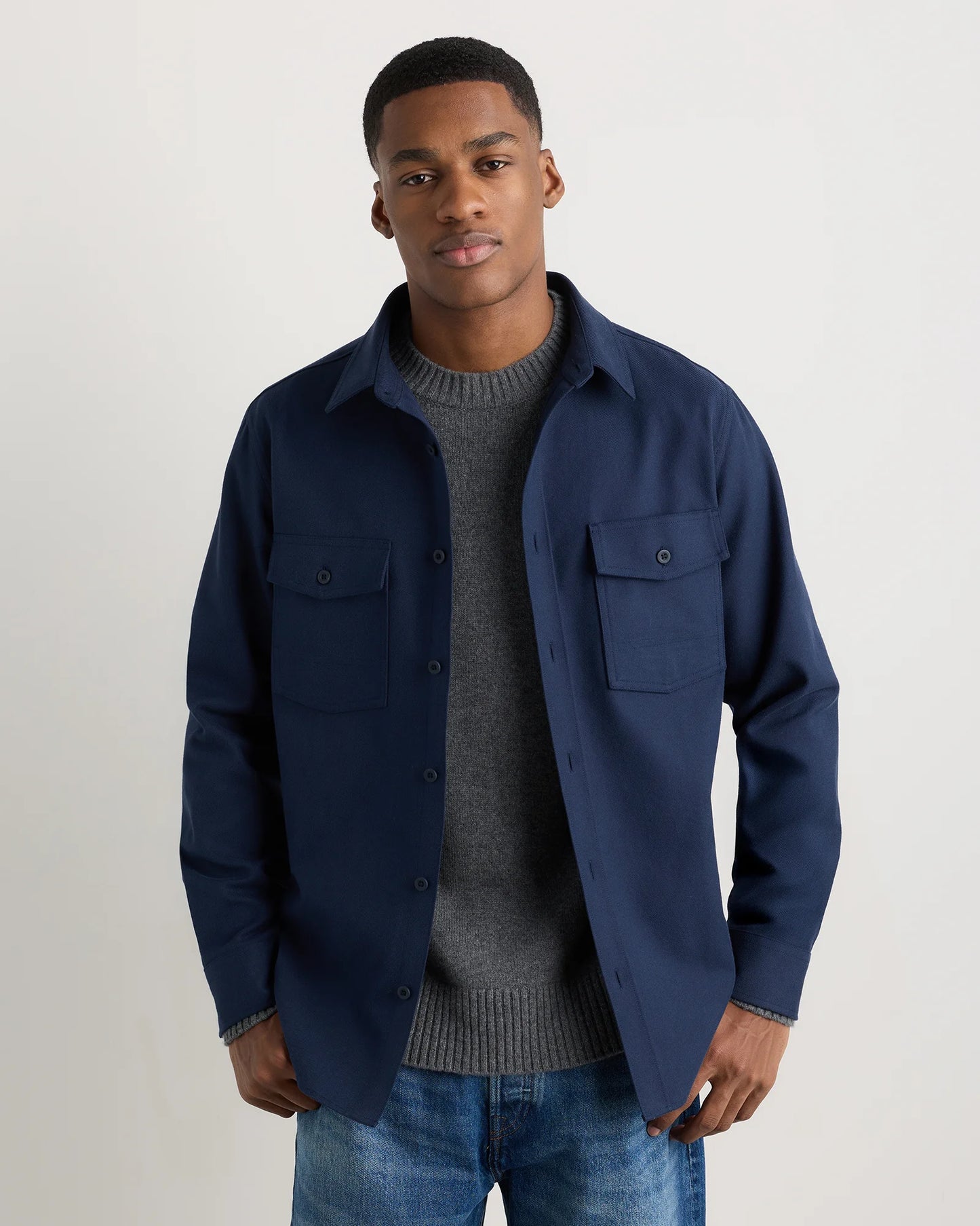 Brushed Cotton Wool Utility Overshirt - S / True Black