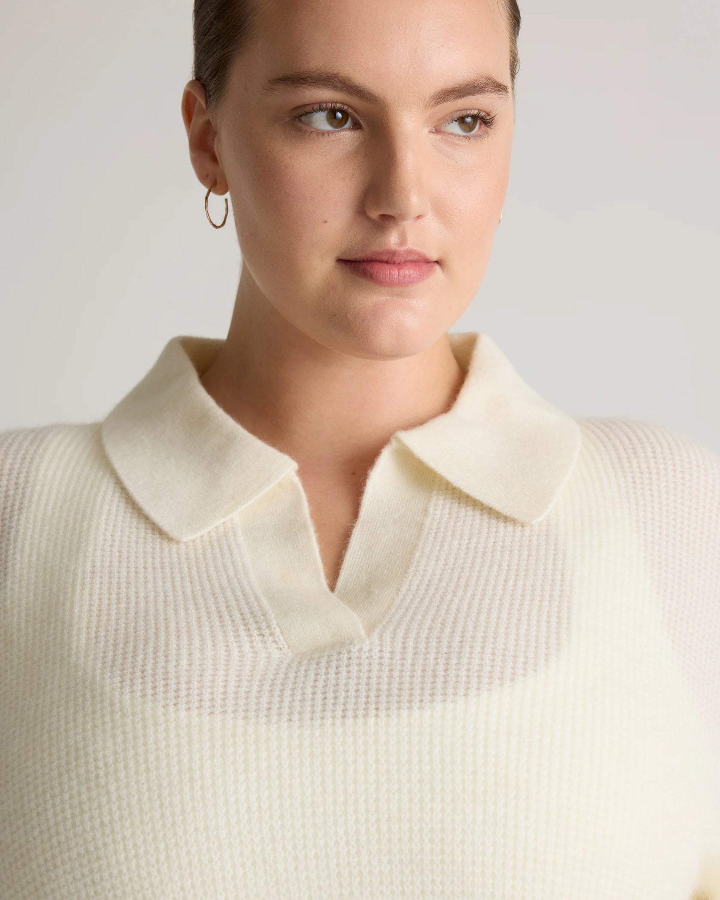 Baby Alpaca-Wool Waffle Stitch Polo Sweater - XS / Ivory
