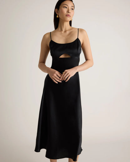 100% Washable Silk Cutout Midi Slip Dress - XS / Black
