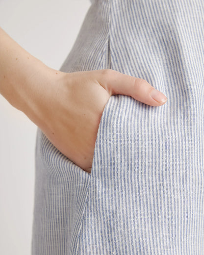 100% European Linen Button Front Dress - XS / Sky Blue Mariner Stripe