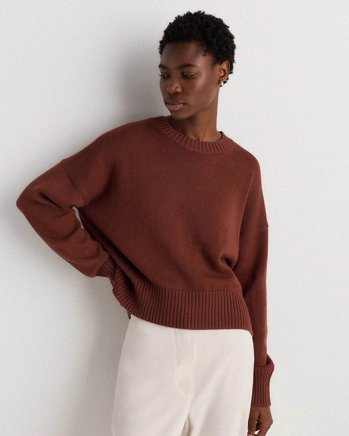 100% Organic Cotton Boyfriend Crew Sweater - XS / Speckled Beige
